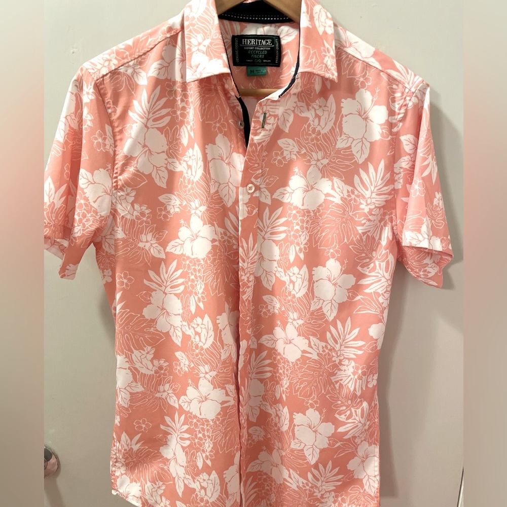 Tropical Flower Print Short Sleeve 4-Way Stretch Button-Up Shirt